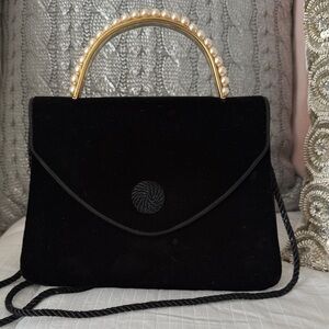 Vintage Black Velvet Clutch Pearl Handle Evening Bag Top Handle 50s 60s
